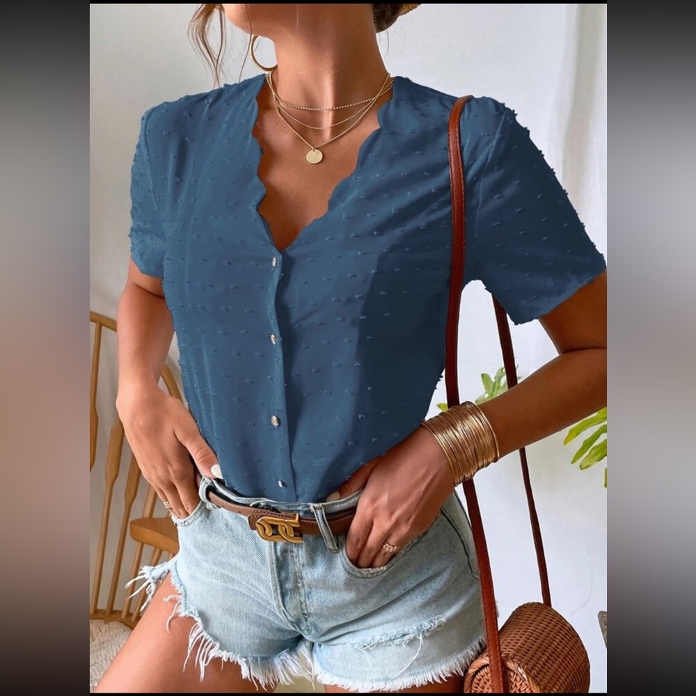 Women's Dusty Blue Scalloped Trim Top | Brand New | Size XL